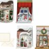 Four advent calendar cards featuring different Victorian style images looking through windows.