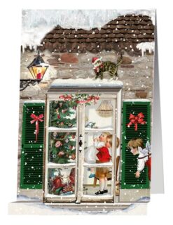 Victorian style advent calendar card looking through a window into a home as two children decorate a Christmas tree.