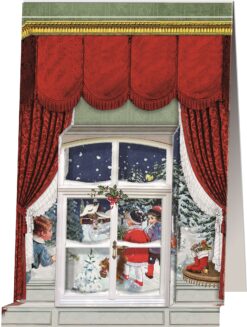 Victorian style advent calendar card featuring a window frame with large red drapes. Looking out at a snowy scene as people walk in the thick snow.
