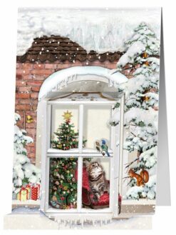 Victorian style advent calendar card. Looking through a window into a house where a cat sits beside a Christmas tree.