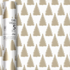 White wrapping paper decorated with gold trees. 5 metre gift wrap. Recyclable and sustainably sourced. Packaging biodegradable.