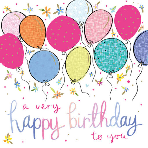 White card with bright, colourful balloons and confetti at the top. Text below reads 'a very happy birthday to you'.