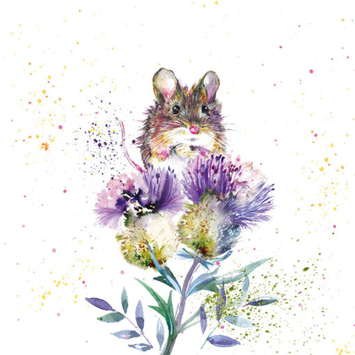 Greetings card with an illustration of a harvest mouse perched on some purple flowers.