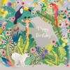 Birthday card with an illustration of jungle animals and the text 'happy birthday'.