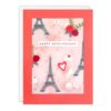 Red anniversary card with a pattern of the Eiffel Tower, hearts, flowers and birds. Behind the image is a clear window which contains colourful heart shaped confetti which move when you shake the card. Text on the front reads Happy Anniversary.