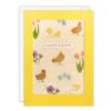 Shakies Easter card decorated with chicks, chickens, eggs and flowers.
