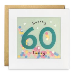 60th birthday card decorated with white stars and the text "hooray 60 today" on the front. Behind the text is a clear window through which you can see colourful dots of confetti which move when you shake the card.