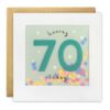 70th birthday card decorated with white stars and the text "hooray 70 today" on the front. Behind a clear window are lots of colourful confetti dots which move when you shake the card.