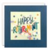 Blue card with a clear window which is filled with colourful dots of confetti. The text on the front reads "Happy Retirement" in colourful letters. Stars decorate the card.