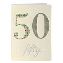 White card with a large silver 50 on the front. Text below the number reads 'fifty' in silver script.