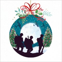 Image of a Christmas bauble tied at the top with a red ribbon and sprigs of festive foliage. Within the bauble is a silhouette of three soldiers carrying their bags and weapons as they trudge through the snow. In the background is a full moon and the sky