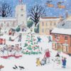 The image on this Advent Calendar Card is snowy winter scene in a village with a Christmas tree decorated with red, blue and yellow baubles in the centre of the scene. There's a church in the background, a choir singing beside the tree, people doing Chris