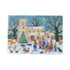 This advent card has an image of a winter scene with a snow covered church, trees and snow across the ground. A big Christmas tree decorated with yellow stars and red baubles sits outside the church. A choir sings as a man plays the violin. There is an ab
