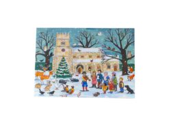 This advent card has an image of a winter scene with a snow covered church, trees and snow across the ground. A big Christmas tree decorated with yellow stars and red baubles sits outside the church. A choir sings as a man plays the violin. There is an ab