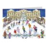 Image shows an advent calendar card. The design on the card features people of all ages skating infront of a beautifully decorated Christmas tree outside Somerset House which looks majestic in the background. Wooden huts sell Christmas gifts, food and dri