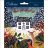 Advent Calendar with image of a white house in a snowy woodland scene. Santa flies across a starry night sky in his sleigh which is pulled by reindeer. At the front of the image is colourful foliage and berries with a squirrel and deer looking on. Numbers