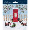 Advent Calendar with an image of a red postbox with the writing 'Season's Greetings' in the centre. The postbox sits in a snowy winter scene with a fence running along the centre. Holly branches with red berries hang down from above whilst five black Scot