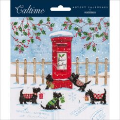 Advent Calendar with an image of a red postbox with the writing 'Season's Greetings' in the centre. The postbox sits in a snowy winter scene with a fence running along the centre. Holly branches with red berries hang down from above whilst five black Scot