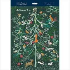 Image of National Trust Woodland Advent Calendar. An elegant tree decorated with colourful flowers, foliage, red berries, birds and squirrels. A deer an hares run beneath the tree.