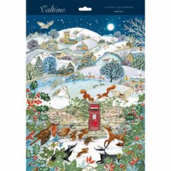 Advent Calendar with a beautiful winter scene looking across rolling hills covered in snow. There's a church, several houses and an abundance of wildlife including squirrels, owls, deer, horses, sheep, hare, rabbits, a fox, partridge, badgers, hedgehog an