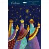 Advent calendar with Bible text. The three wise men bear their gifts for the new baby Jesus. Gold stars decorate the night sky.