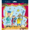 Advent calendar with a Quentin Blake illustration depicting a school nativity. A boy dressed as an angel, a girl holding baby Jesus and a boy dressed as a shepherd are standing on a stage. Red curtains drape down either side. There's a sheep on the stage
