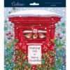 Advent calendar with a red post box covered in a thick layer of snow. The white notice on the front on the box reads 'Wishing you a Merry Christmas'. Three red robins sit in the opening to the post box. Festive foliage and red berries frame the post box.