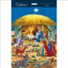 Advent calendar with an image of the nativity scene. Mary and Joseph sit in the stable holding baby Jesus. The three wise men arrive bearing their gifts of gold, frankincense and myrrh. A shepherd looks on, a lamb by his side and there's an abundance of w