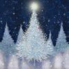 Sparkly Christmas tree stands at the front of a beautiful forest. Stars light up the night sky.