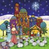 Bright, colourful illustration of the town of Bethlehem with Mary and Joseph looking over their new son in the stable. Shepherds look on under the light of the Northern Star.
