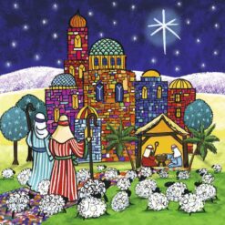 Bright, colourful illustration of the town of Bethlehem with Mary and Joseph looking over their new son in the stable. Shepherds look on under the light of the Northern Star.