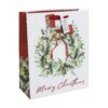Large gift bag with colourful wreath design and the text Merry Christmas. Red ribbon handles and tag attached.