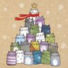 Illustration of cute cats in a Christmas tree pyramid formation. The cat at the top wears a red scarf and there is a star above it's head. The brown background is decorated with snowflakes.