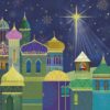 Colourful illustration of Bethlehem with gold detail. Mary and Joseph watch over their newborn son as he sleeps in his manger in the stable under the light of the Northern Star.