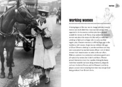 An excerpt from the book 'A Childhood in the 40s'. Image of a milk lady next to a horse which is looking into her notebook as she writes. The text alongside the image has the header 'Working women'. The chapter title at the top of the page is 'wartime'.