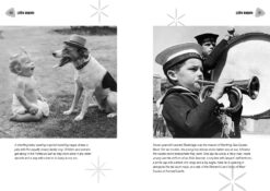 Excerpts from the book 'A Childhood in the 40s'. Pages 30 and 31 of the book, the pages are title 'Little Angels'. First image on the left is of a baby looking up at a small dog which is wearing a hat. Both the child and dog look like they are laughing at