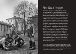 Excerpt from the book 'A childhood in the 50s'. Page title is 'You Need Friends' and the text describes growing up in the fifties and the importance of having friends. The image on the left shows young children playing together in the mud at nursery in Li