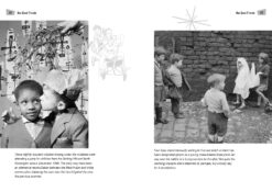 Excerpt from the book 'A childhood in the 50s'. Page titles are 'You Need Friends'. First image is of a child kissing another child on the cheek under a sprig of mistletoe. The image on the right is of young children pretending to be at a wedding. A girl