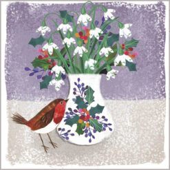 Illustration of a vase of snowdrops, festive foliage and colourful berries. A robin red breast sits next to the vase.
