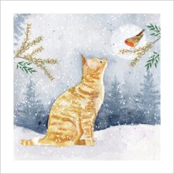 A ginger tabby cat looks up at a robin perched on a berry branch as the snow falls.