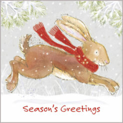 Cartoon illustration of a hare wearing a red woolly scarf as it hops through the snow. Text at the bottom reads Season's Greetings.