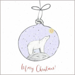 Illustration of a Christmas bauble with a polar bear inside. The text reads Merry Christmas.