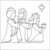 Outline of the three kings presenting their gifts of gold, frankincense and myrrh with the Northern Star above them.