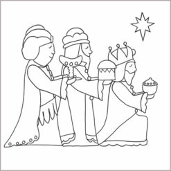Outline of the three kings presenting their gifts of gold, frankincense and myrrh with the Northern Star above them.