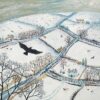 Illustration of a crow flying above snow covered fields with houses, animals and birds below.