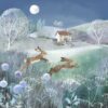 Image shows two brown hares leaping across the fields through grass and dandelions. In the background is a white house with a shed and vegetable plot. Trees dot the hills in the background and the scene is lit up by the full moon in the sky above.