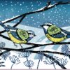 Illustration of two bluetits perched on the branch of a tree as snow falls all around.