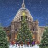 Illustration of St Paul's Cathedral with a Christmas tree decorated in lights and baubles. Snow falls heavily from the night sky.