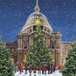 Illustration of St Paul's Cathedral with a Christmas tree decorated in lights and baubles. Snow falls heavily from the night sky.