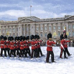Foot Guards dressed in red and black with black bearskin hats marching in front of Buckingham Palace in the snow.